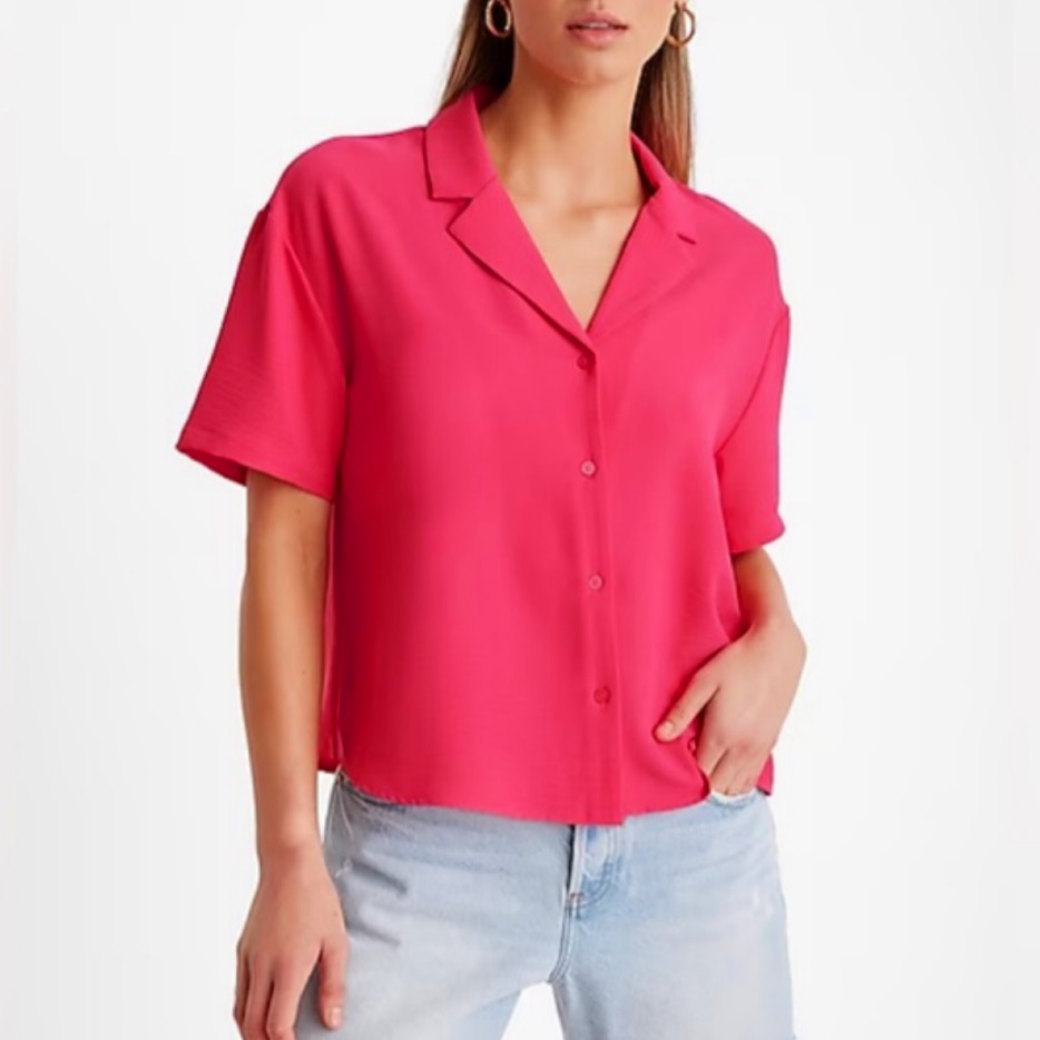 Express Hot Pink Satin Short Sleeve Button Down Blouse Size Medium